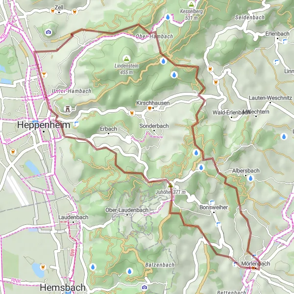 Map miniature of "Gravel Adventure to Heppenheim" cycling inspiration in Darmstadt, Germany. Generated by Tarmacs.app cycling route planner