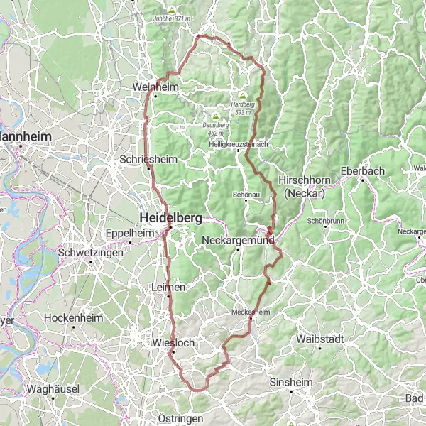 Map miniature of "The Gravel Adventure" cycling inspiration in Darmstadt, Germany. Generated by Tarmacs.app cycling route planner