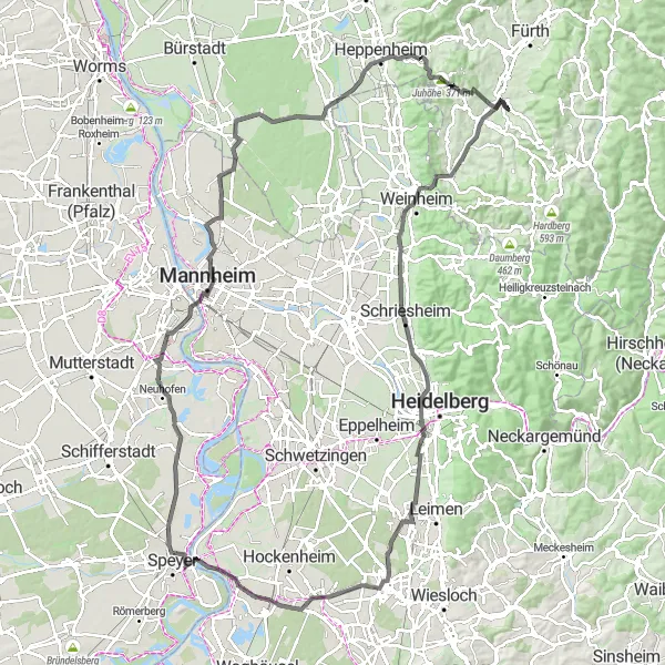 Map miniature of "Tour of the Bergstraße Vineyards" cycling inspiration in Darmstadt, Germany. Generated by Tarmacs.app cycling route planner