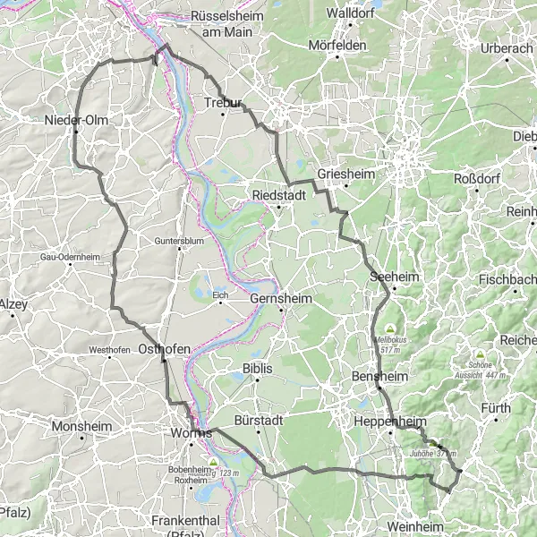 Map miniature of "The Road Cyclist's Journey" cycling inspiration in Darmstadt, Germany. Generated by Tarmacs.app cycling route planner