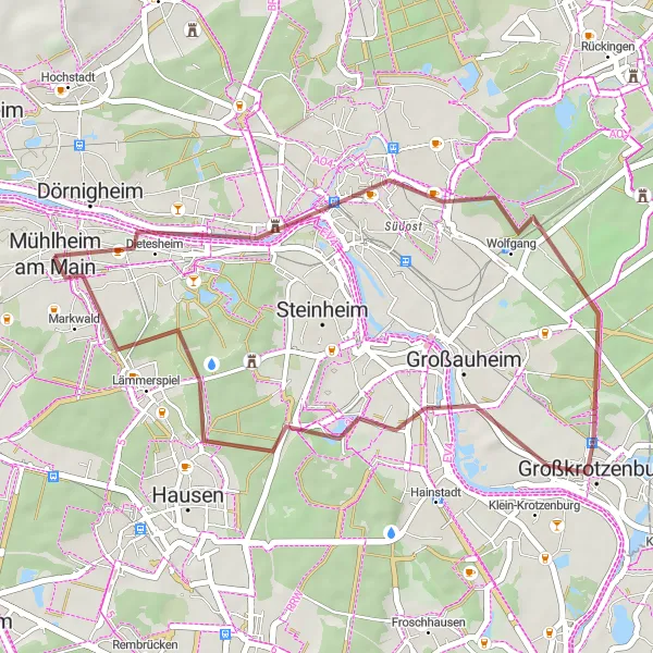 Map miniature of "Discovering Hanau and the Leinpfad" cycling inspiration in Darmstadt, Germany. Generated by Tarmacs.app cycling route planner