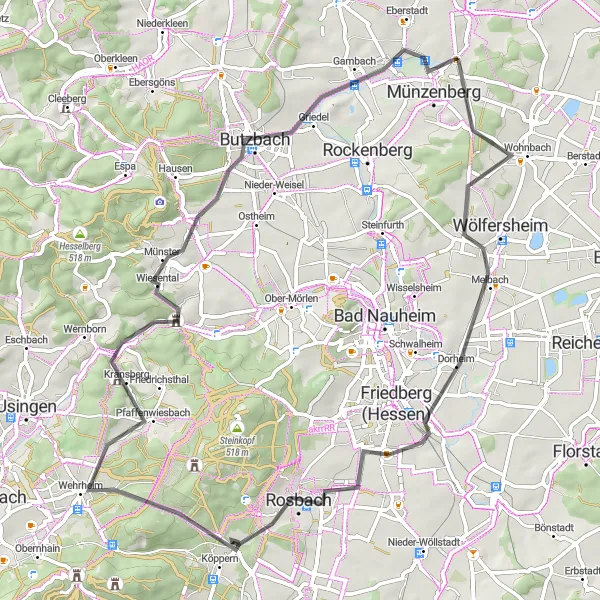 Karten-Miniaturansicht der Radinspiration "Rundkurs Melbach - Butzbach" in Darmstadt, Germany. Erstellt vom Tarmacs.app-Routenplaner für Radtouren