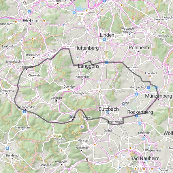 Karten-Miniaturansicht der Radinspiration "Kurze Straßentour nach Ziegenberg und Volpertshausen" in Darmstadt, Germany. Erstellt vom Tarmacs.app-Routenplaner für Radtouren