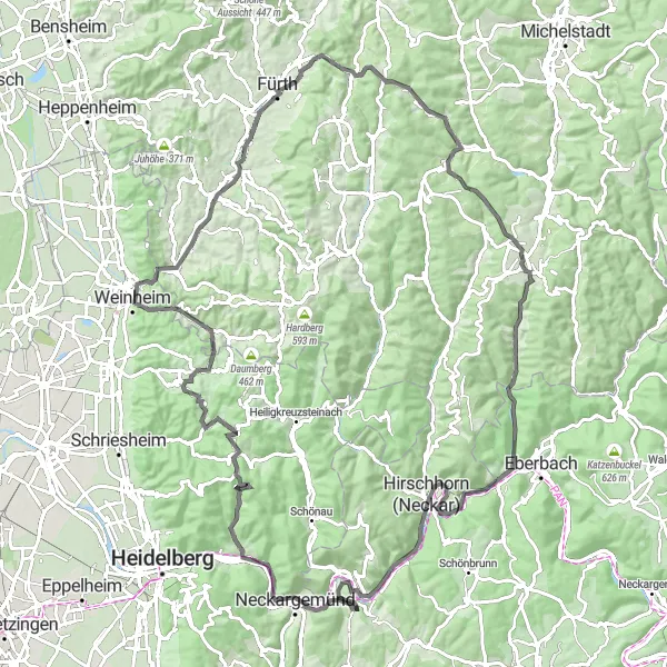 Map miniature of "Neckarsteinach Loop" cycling inspiration in Darmstadt, Germany. Generated by Tarmacs.app cycling route planner