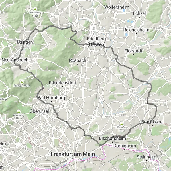 Map miniature of "The Taunus Adventure" cycling inspiration in Darmstadt, Germany. Generated by Tarmacs.app cycling route planner