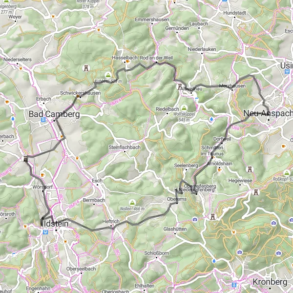 Karten-Miniaturansicht der Radinspiration "Kurze Tour durch den Taunus und den Hochtaunuskreis" in Darmstadt, Germany. Erstellt vom Tarmacs.app-Routenplaner für Radtouren