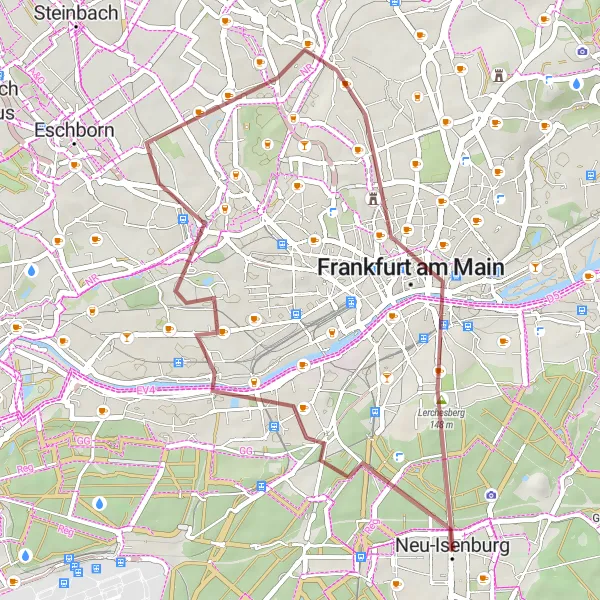 Map miniature of "Panoramic Views and Nature" cycling inspiration in Darmstadt, Germany. Generated by Tarmacs.app cycling route planner