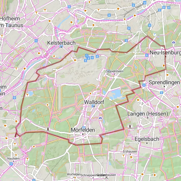 Map miniature of "Gravel Adventure: Mönchbruch Loop" cycling inspiration in Darmstadt, Germany. Generated by Tarmacs.app cycling route planner