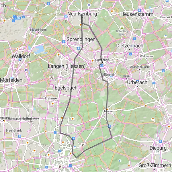 Karten-Miniaturansicht der Radinspiration "Rund um Neu-Isenburg" in Darmstadt, Germany. Erstellt vom Tarmacs.app-Routenplaner für Radtouren