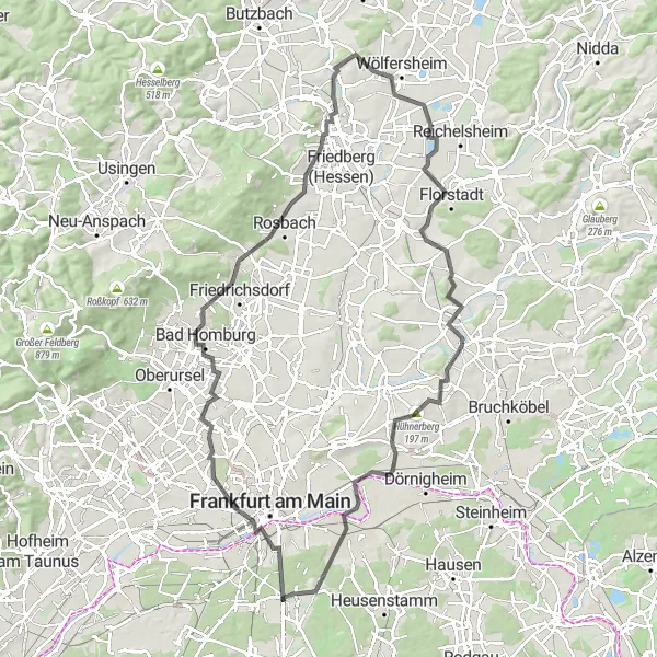 Map miniature of "Darmstadt - Bad Nauheim Loop" cycling inspiration in Darmstadt, Germany. Generated by Tarmacs.app cycling route planner
