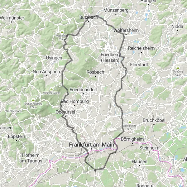 Map miniature of "Scenic Route through Hochtaunus" cycling inspiration in Darmstadt, Germany. Generated by Tarmacs.app cycling route planner