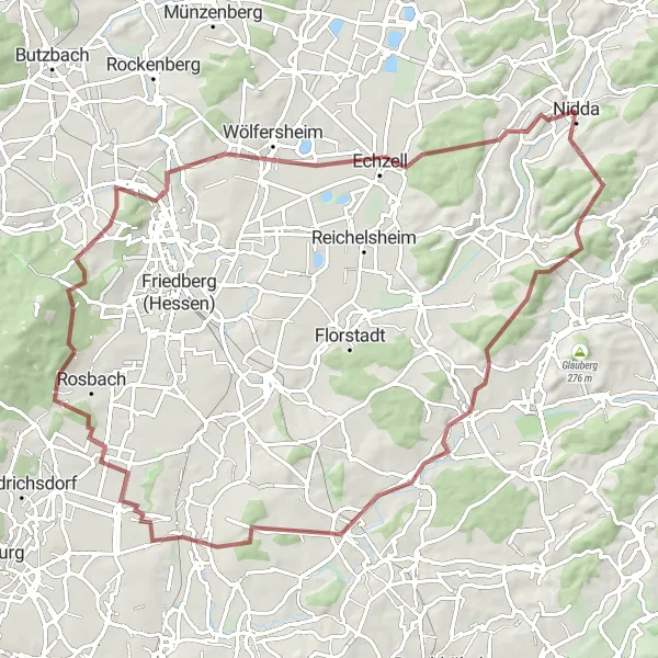 Map miniature of "Nidda to Wannkopf Gravel Route" cycling inspiration in Darmstadt, Germany. Generated by Tarmacs.app cycling route planner
