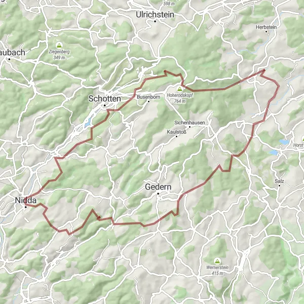 Map miniature of "Nidda to Johanniterturm Gravel Route" cycling inspiration in Darmstadt, Germany. Generated by Tarmacs.app cycling route planner