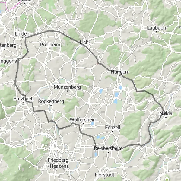 Karten-Miniaturansicht der Radinspiration "Durch die Natur rund um Butzbach" in Darmstadt, Germany. Erstellt vom Tarmacs.app-Routenplaner für Radtouren