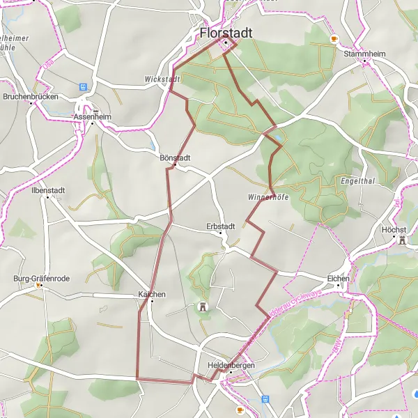 Karten-Miniaturansicht der Radinspiration "Kurze Schottertour um Florstadt" in Darmstadt, Germany. Erstellt vom Tarmacs.app-Routenplaner für Radtouren