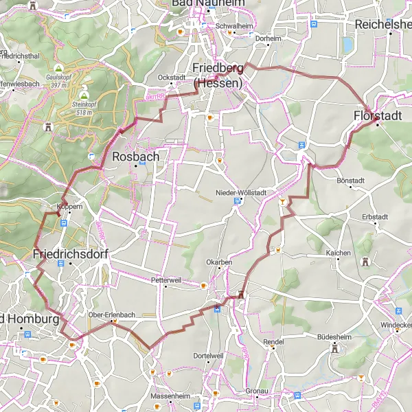 Karten-Miniaturansicht der Radinspiration "Gravel-Abenteuer um Florstadt und Nieder-Florstadt" in Darmstadt, Germany. Erstellt vom Tarmacs.app-Routenplaner für Radtouren