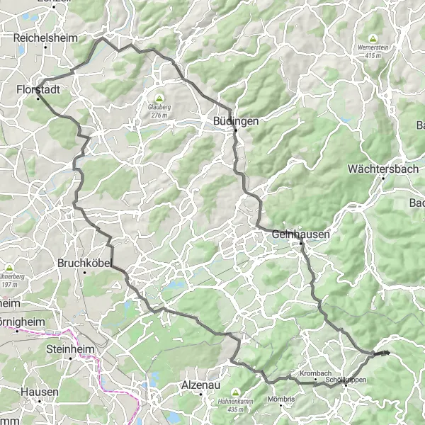 Map miniature of "Nieder-Florstadt - Rückingen - Nieder-Florstadt Road Cycling Route" cycling inspiration in Darmstadt, Germany. Generated by Tarmacs.app cycling route planner