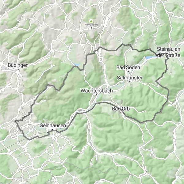 Map miniature of "Nieder-Gründau Epic Road Ride" cycling inspiration in Darmstadt, Germany. Generated by Tarmacs.app cycling route planner