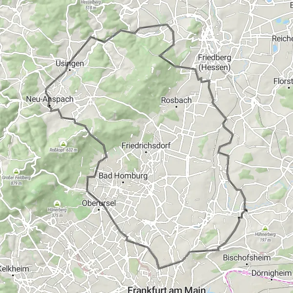 Map miniature of "Challenging Road Cycling Route to Usingen and Saalburg" cycling inspiration in Darmstadt, Germany. Generated by Tarmacs.app cycling route planner