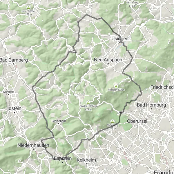 Map miniature of "Taunus Road Challenge" cycling inspiration in Darmstadt, Germany. Generated by Tarmacs.app cycling route planner