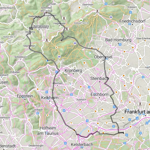 Map miniature of "Niederrad to Kelkheim-Mitte and Rödelheim" cycling inspiration in Darmstadt, Germany. Generated by Tarmacs.app cycling route planner