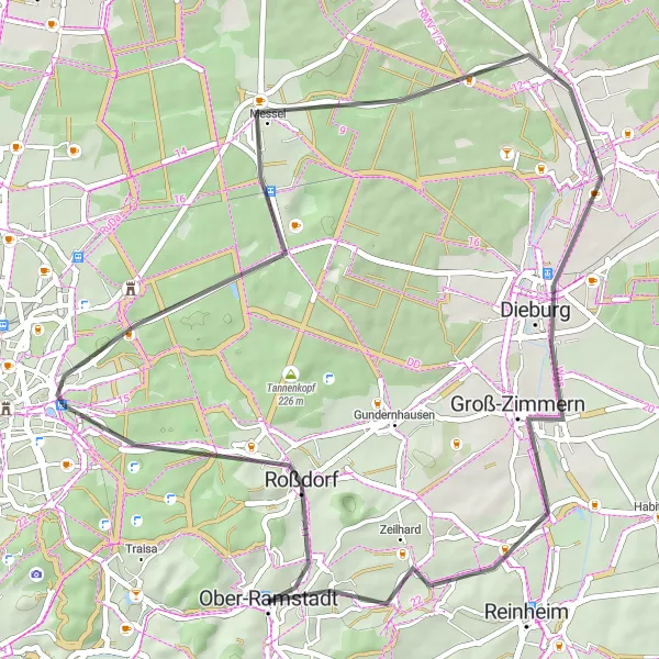 Map miniature of "The Darmstadt Loop" cycling inspiration in Darmstadt, Germany. Generated by Tarmacs.app cycling route planner