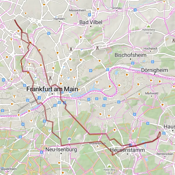 Map miniature of "Obertshausen to Frankfurt Loop" cycling inspiration in Darmstadt, Germany. Generated by Tarmacs.app cycling route planner