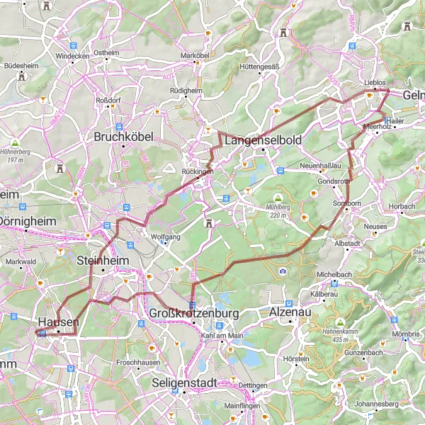 Map miniature of "Hanau Gravel Loop" cycling inspiration in Darmstadt, Germany. Generated by Tarmacs.app cycling route planner