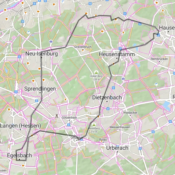 Map miniature of "Seligenstadt Circuit" cycling inspiration in Darmstadt, Germany. Generated by Tarmacs.app cycling route planner