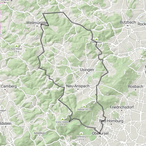 Map miniature of "The Hills and History" cycling inspiration in Darmstadt, Germany. Generated by Tarmacs.app cycling route planner