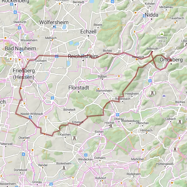 Map miniature of "Peaceful Gravel Ride through Tranquil Villages" cycling inspiration in Darmstadt, Germany. Generated by Tarmacs.app cycling route planner