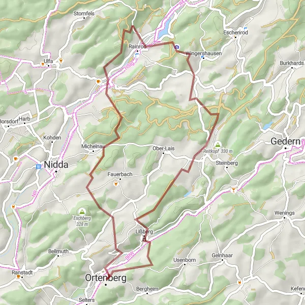 Map miniature of "Scenic Gravel Cycling Route near Ortenberg" cycling inspiration in Darmstadt, Germany. Generated by Tarmacs.app cycling route planner