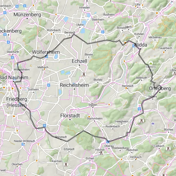 Map miniature of "Historic Villages and Scenic Views" cycling inspiration in Darmstadt, Germany. Generated by Tarmacs.app cycling route planner