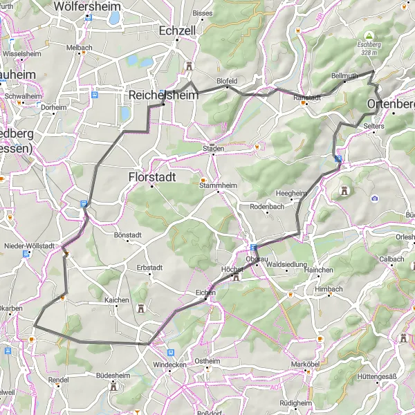 Map miniature of "Leisurely Road Cycling Route around Ortenberg" cycling inspiration in Darmstadt, Germany. Generated by Tarmacs.app cycling route planner