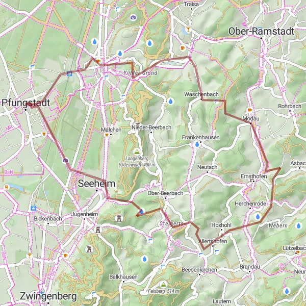 Map miniature of "Pfungstadt Gravel Loop" cycling inspiration in Darmstadt, Germany. Generated by Tarmacs.app cycling route planner
