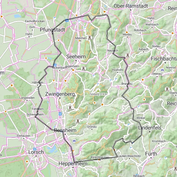 Map miniature of "Scenic Pfungstadt Loop" cycling inspiration in Darmstadt, Germany. Generated by Tarmacs.app cycling route planner