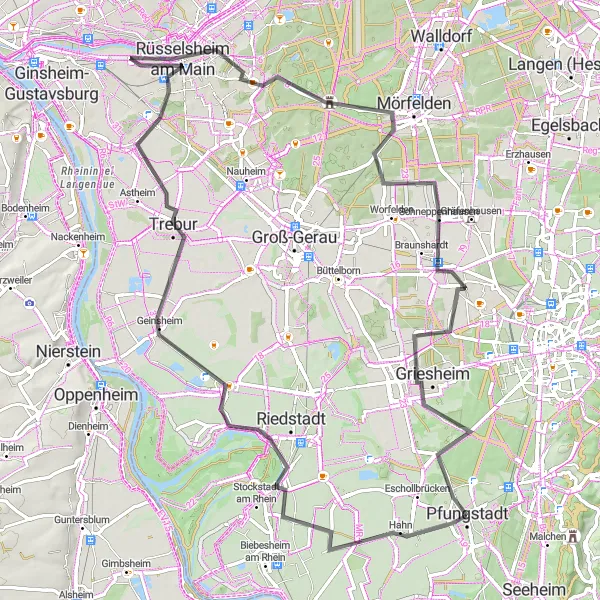 Map miniature of "Ride to Rüsselsheim" cycling inspiration in Darmstadt, Germany. Generated by Tarmacs.app cycling route planner