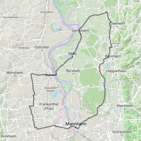 Karten-Miniaturansicht der Radinspiration "Radroute durch das Rhein-Neckar-Gebiet" in Darmstadt, Germany. Erstellt vom Tarmacs.app-Routenplaner für Radtouren