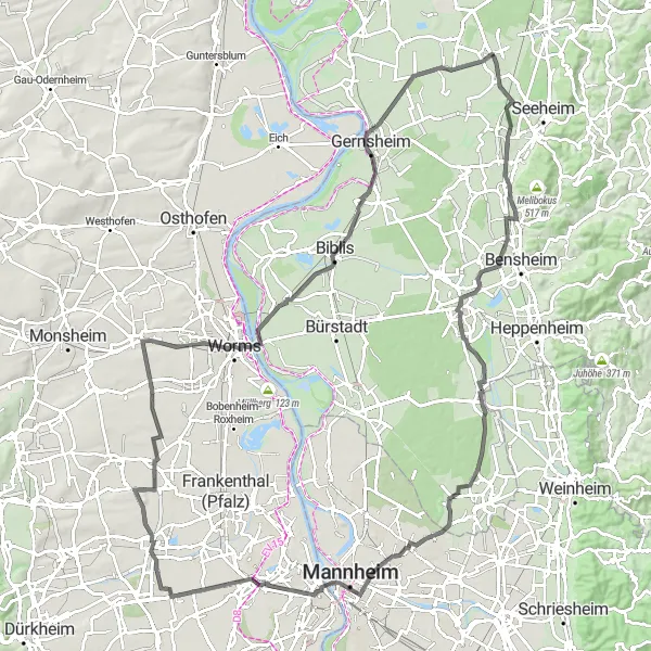 Map miniature of "Bickenbach Loop" cycling inspiration in Darmstadt, Germany. Generated by Tarmacs.app cycling route planner