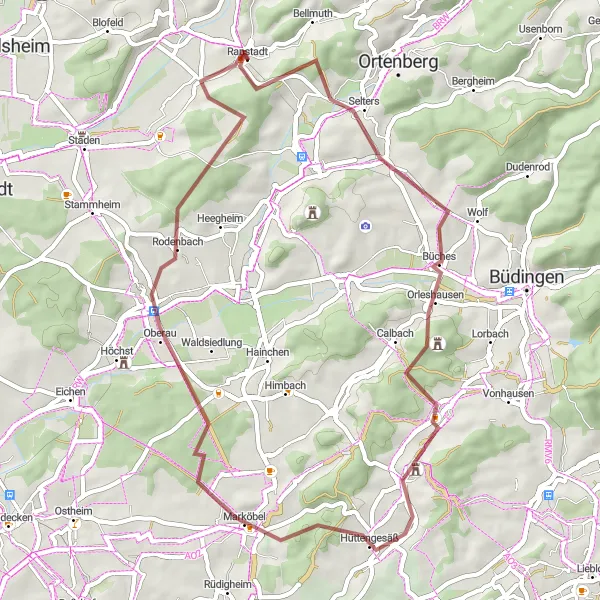 Map miniature of "Gravel Adventure to Aulendiebach and Steinkopf" cycling inspiration in Darmstadt, Germany. Generated by Tarmacs.app cycling route planner