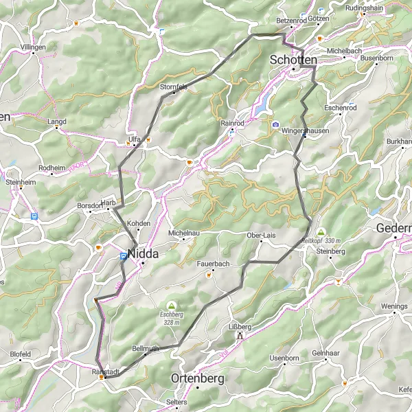 Karten-Miniaturansicht der Radinspiration "Ranstadt Dorfrunde" in Darmstadt, Germany. Erstellt vom Tarmacs.app-Routenplaner für Radtouren