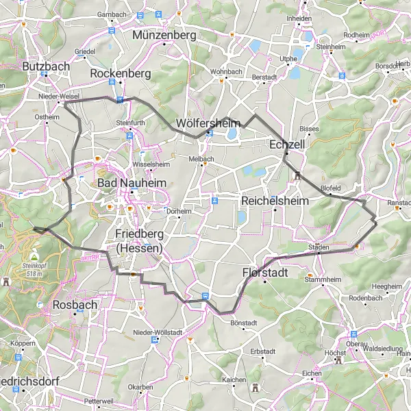 Map miniature of "Northern Loop through Schwarzer Berg and Wintersteinturm" cycling inspiration in Darmstadt, Germany. Generated by Tarmacs.app cycling route planner