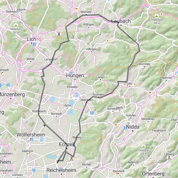 Map miniature of "Wetterau Castle Loop" cycling inspiration in Darmstadt, Germany. Generated by Tarmacs.app cycling route planner