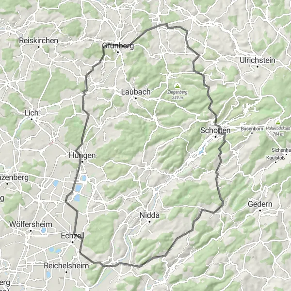 Map miniature of "Vogelsberg Challenge" cycling inspiration in Darmstadt, Germany. Generated by Tarmacs.app cycling route planner