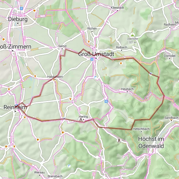 Map miniature of "Reinheim Gravel Adventure" cycling inspiration in Darmstadt, Germany. Generated by Tarmacs.app cycling route planner