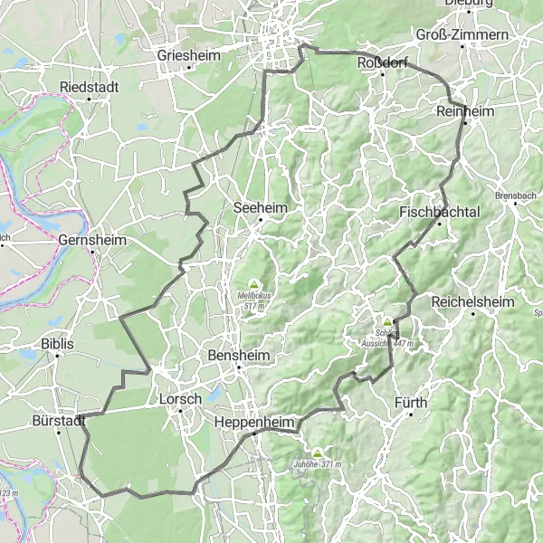 Karten-Miniaturansicht der Radinspiration "Hügeliges Abenteuer von Reinheim nach Heppenheim" in Darmstadt, Germany. Erstellt vom Tarmacs.app-Routenplaner für Radtouren