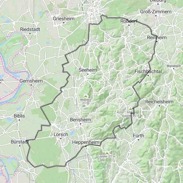 Map miniature of "Reinheim to Heppenheim: Vineyards and Medieval History" cycling inspiration in Darmstadt, Germany. Generated by Tarmacs.app cycling route planner