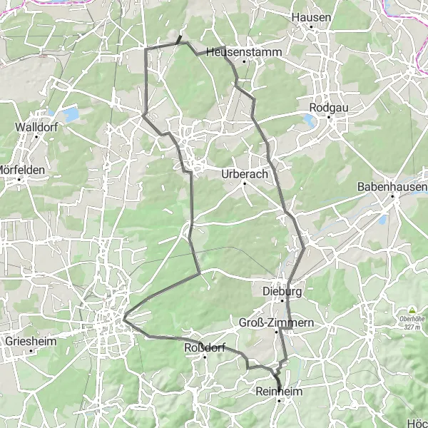 Map miniature of "Darmstadt Reinheim: Hessisches Ried and Nature" cycling inspiration in Darmstadt, Germany. Generated by Tarmacs.app cycling route planner