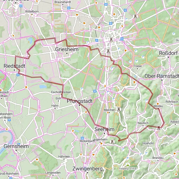 Map miniature of "Riedstadt Gravel Ride" cycling inspiration in Darmstadt, Germany. Generated by Tarmacs.app cycling route planner
