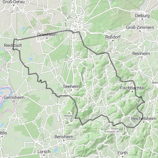 Map miniature of "Riedstadt to Crumstadt Ride" cycling inspiration in Darmstadt, Germany. Generated by Tarmacs.app cycling route planner